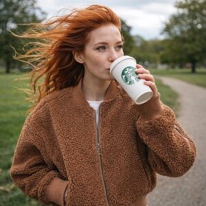 Abercrombie & Fitch Women's Teddy Bomber Jacket Zip Sherpa Tan Fleece Faux Sz M